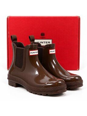 Hunter Original Chelsea Gloss Wellington Rain Boots Brown Rubber Bolt Womens 6